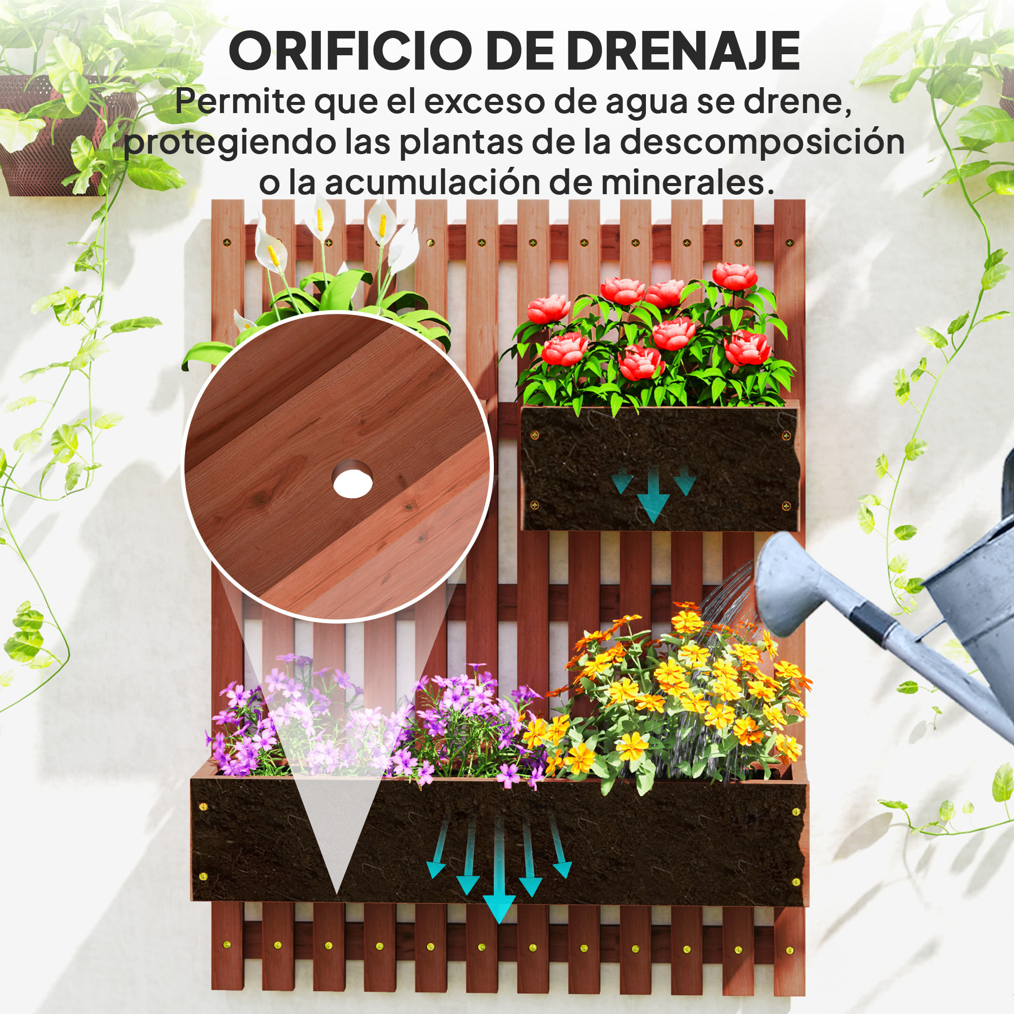 Jardinera de Pared con Enrejado, Jardinera Exterior Grande de Madera con 3 Macetas Móviles y Orificio de Drenaje, para Exterior, Jardín, Terraza, Patio, 60x16x80 cm, Marrón