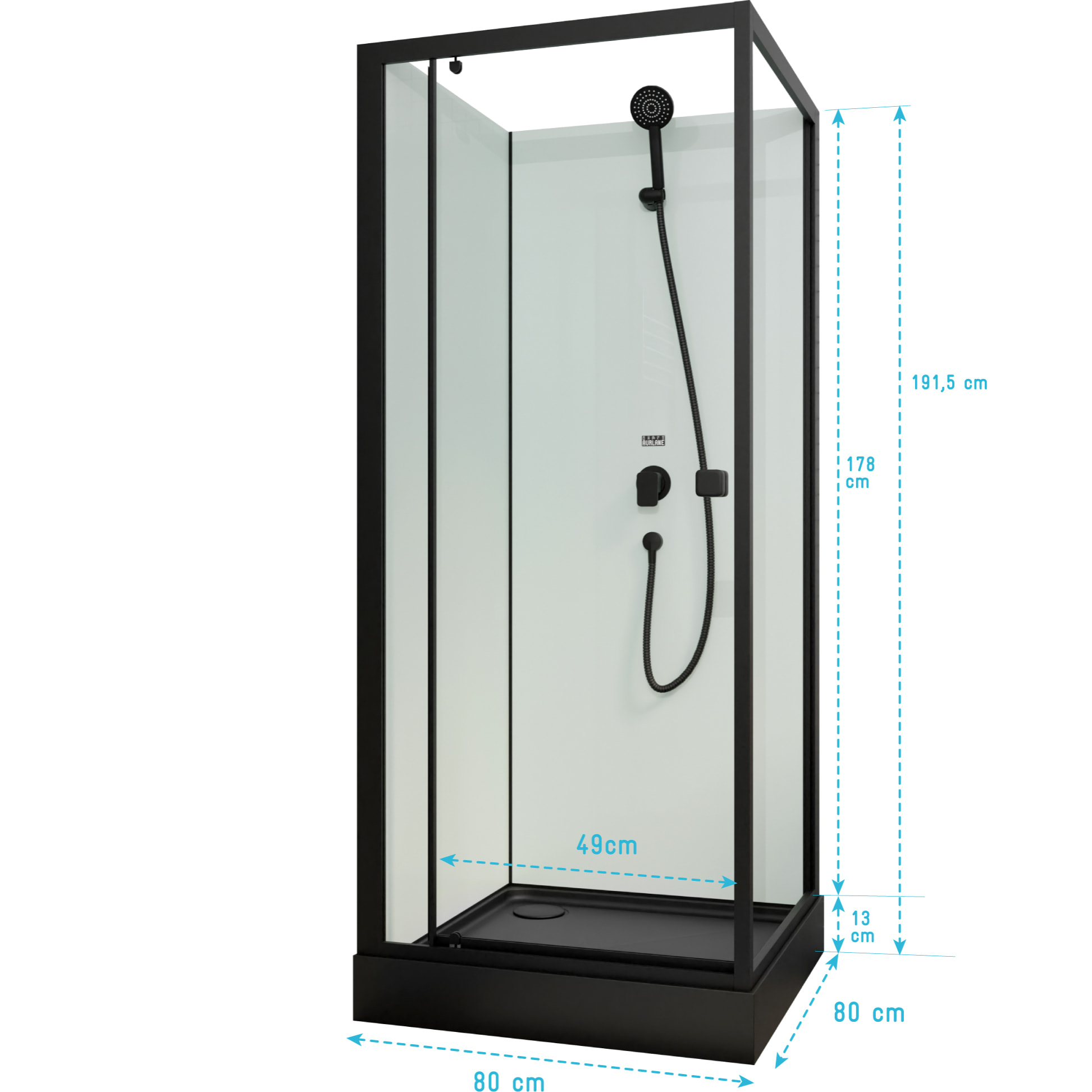 Cabine de douche carrée 80x80x200cm - Porte pivotante - Fonds Blancs - Receveur et Profilés Noirs