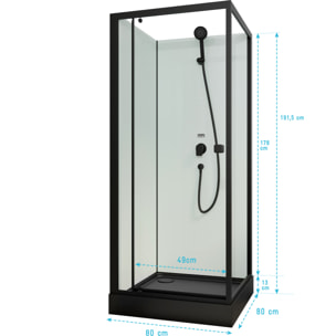 Cabine de douche carrée 80x80x200cm - Porte pivotante - Fonds Blancs - Receveur et Profilés Noirs