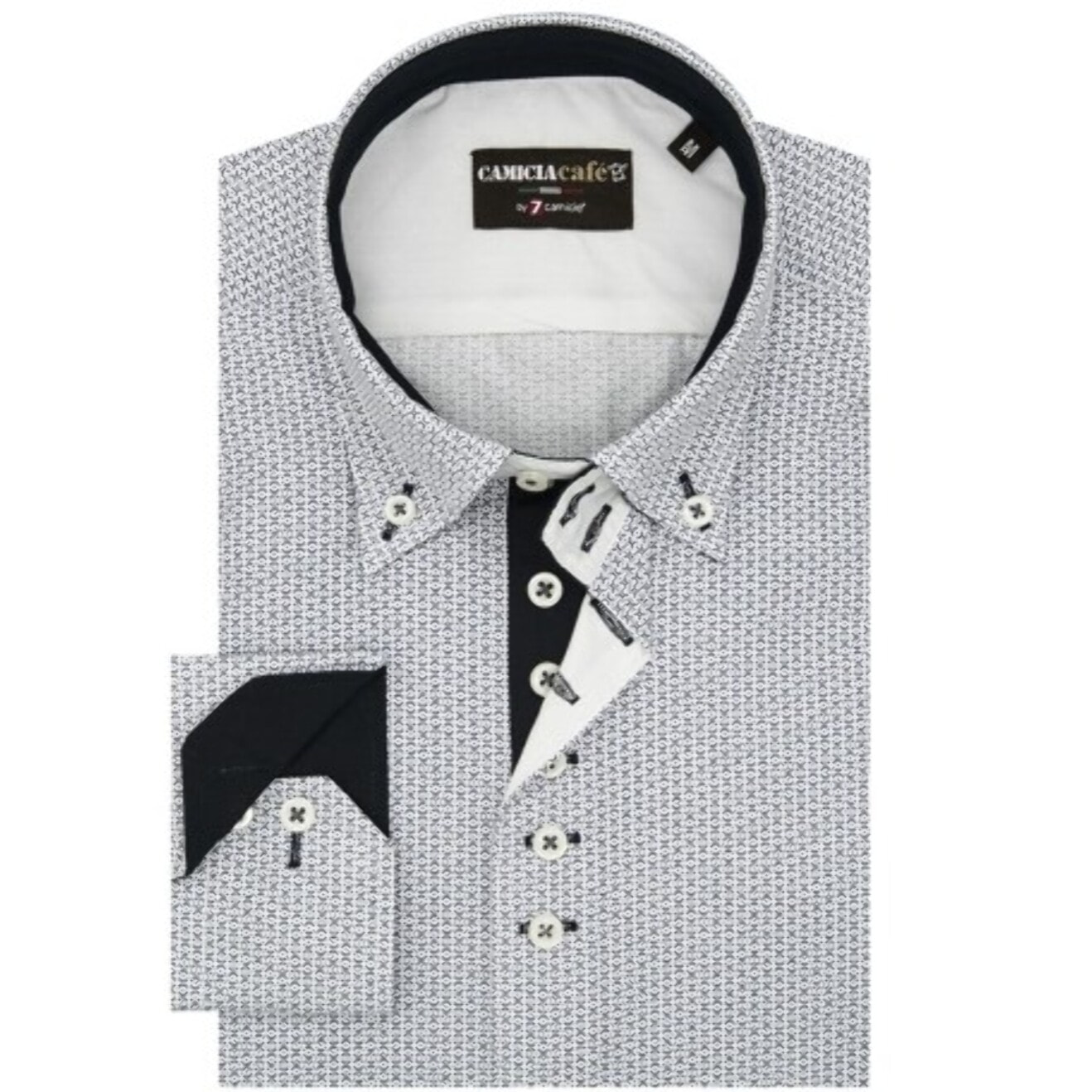 Camicia Uomo 2 Bottoni Button Down 7 Bottoni Slim Cotone Poliestere Stampato Bianco/Nero