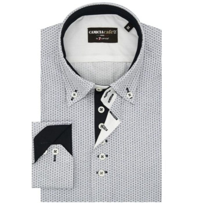 Camicia Uomo 2 Bottoni Button Down 7 Bottoni Slim Cotone Poliestere Stampato Bianco/Nero
