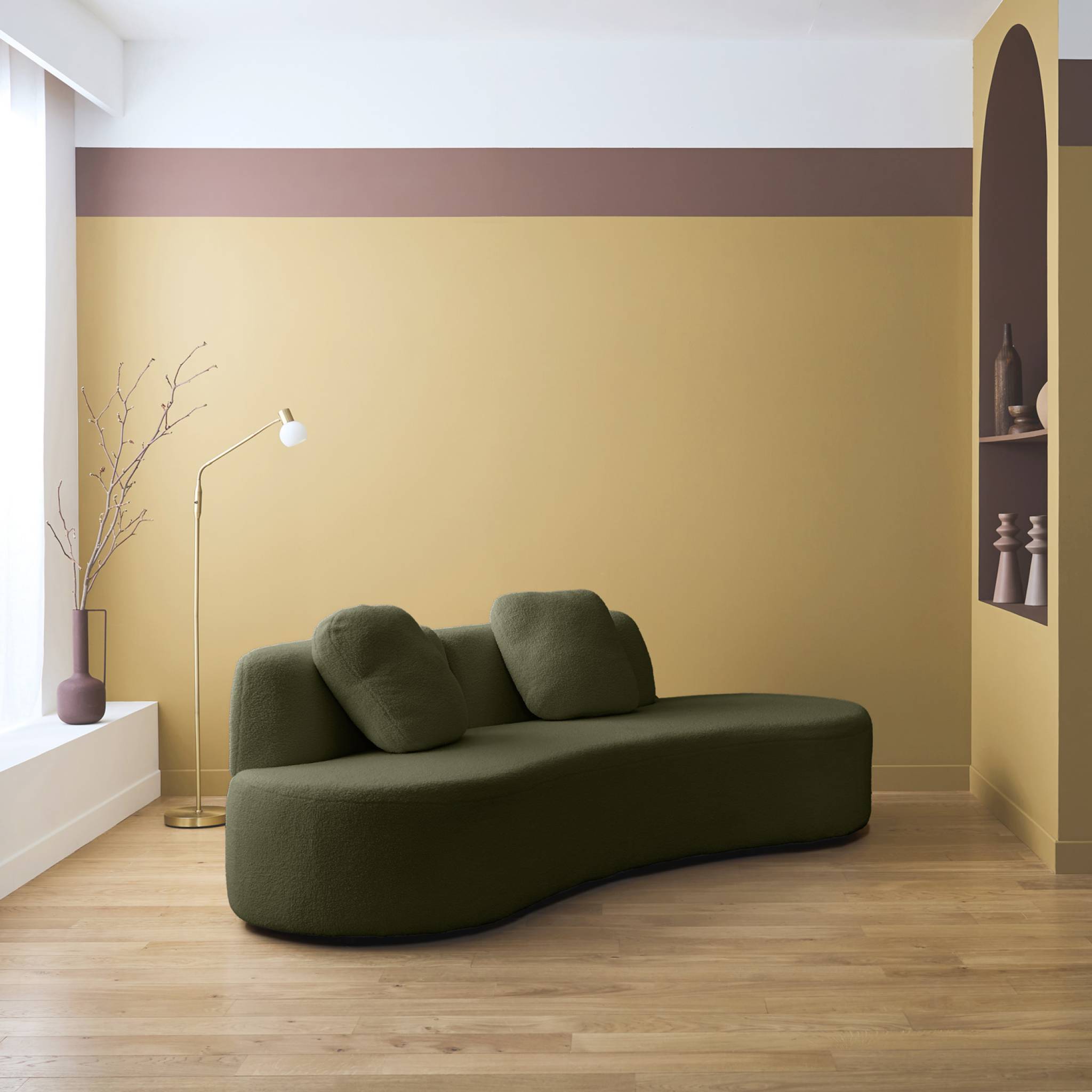 Canapé virgule 3 places en tissu bouclette kaki forme organique - WAVE L 232 x P 97 x H 68cm