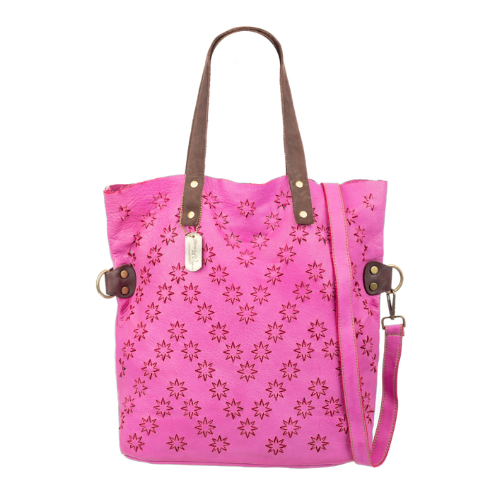 Badia borsa shopper donna. Pelle autentica Napa con design di stelle perforate.