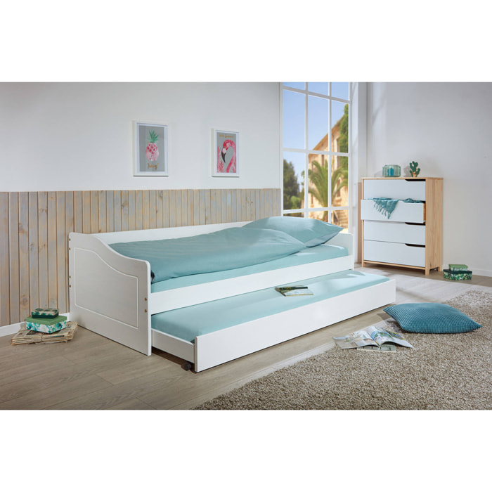Divano letto con letto estraibile, in pino tinto bianco, cm 97x208x62