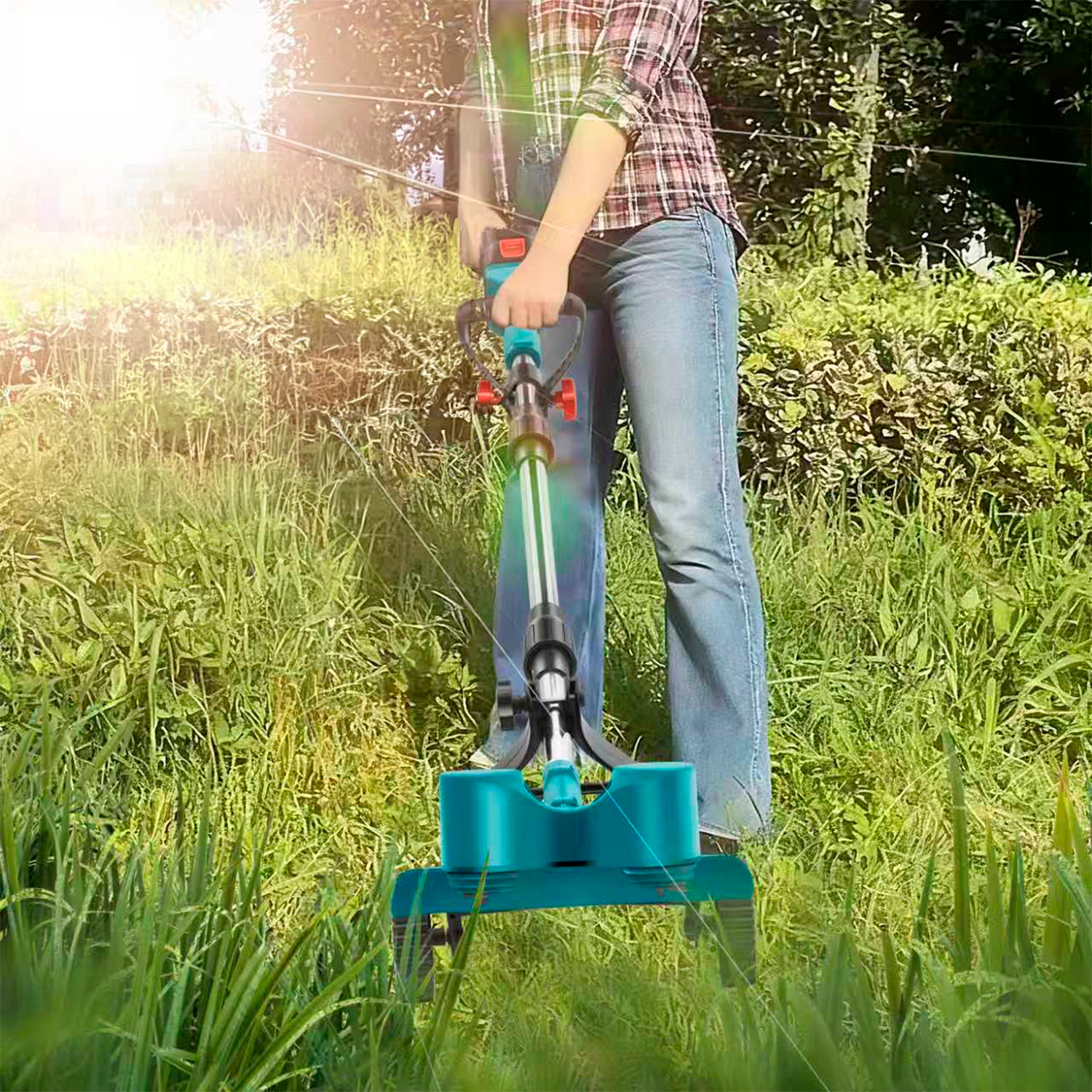 Desbrozadora 21V con 15000rpm, 650W de potencia y doble batería de 15000mAh. Con ruedas extraíbles.