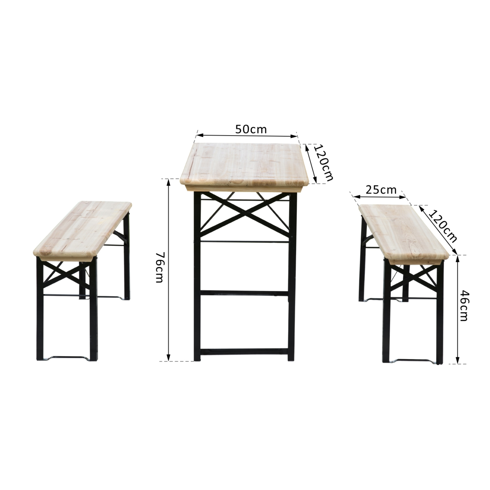 Table de camping pique-nique pliable portable + 2 bancs pliables métal époxy noir bois massif sapin