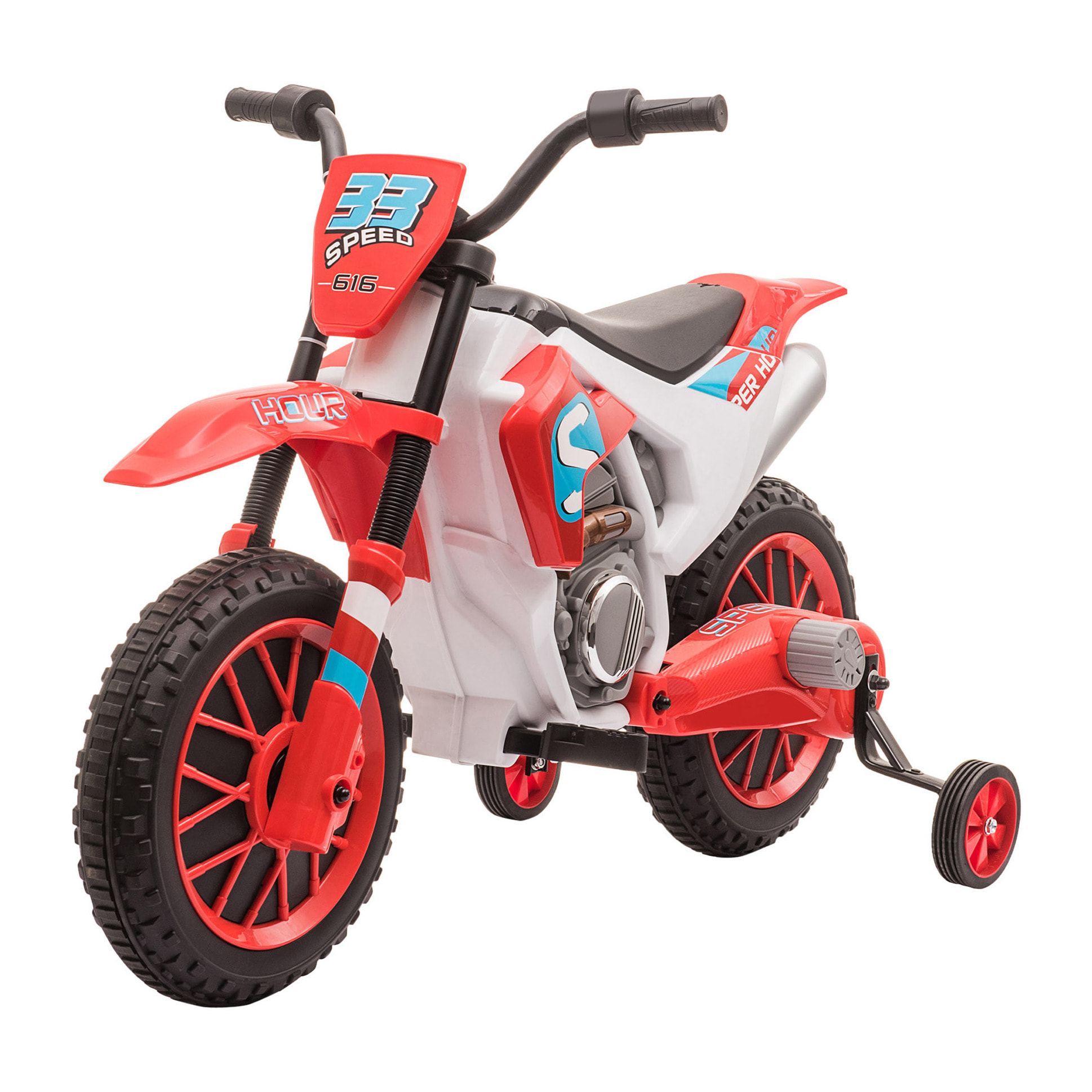 Moto cross électrique enfant 3 à 5 ans 12 V 3-8 Km/h  avec roulettes latérales amovibles dim. 106,5L x 51,5l x 68H cm rouge