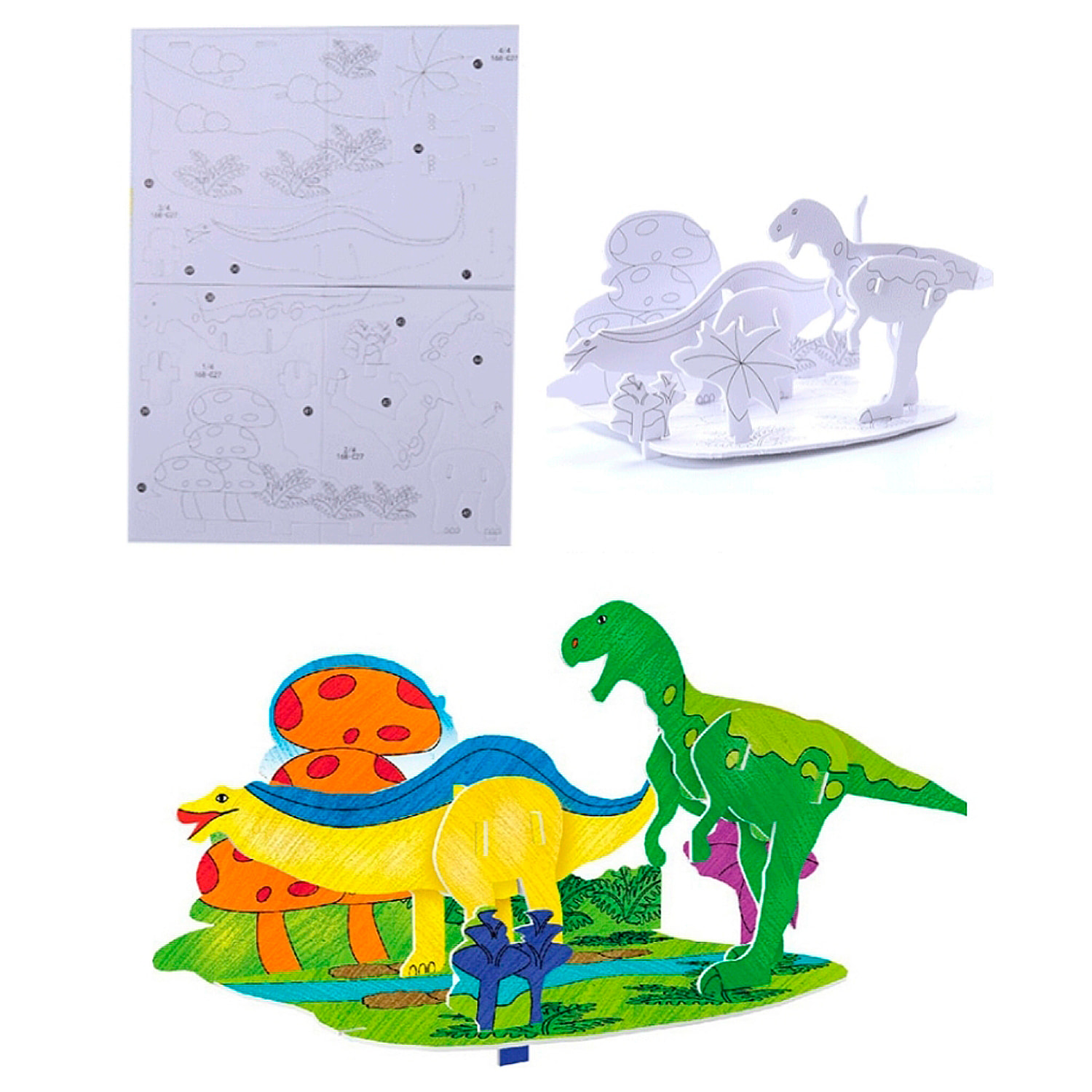 Pack de 4 puzles 3D para colorear de diferentes dinosaurios. Con un total de 51 piezas de cartón.