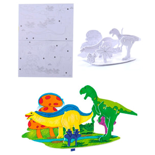 Pack de 4 puzles 3D para colorear de diferentes dinosaurios. Con un total de 51 piezas de cartón.