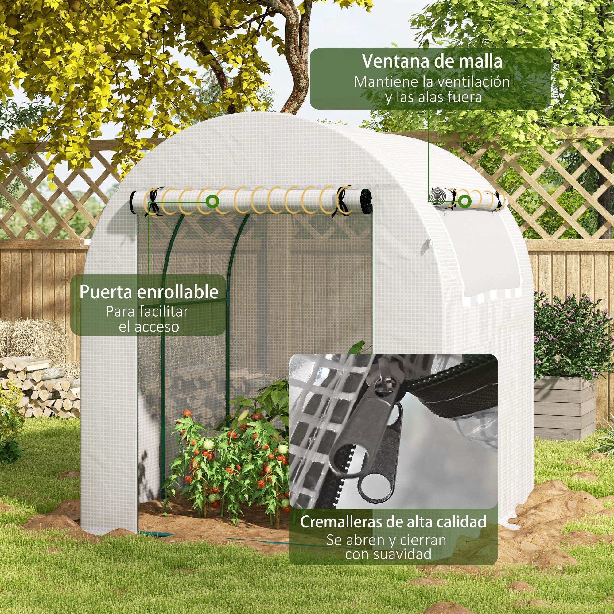 Invernadero de Jardín 180x180x200 cm Invernadero de Túnel Pequeño con Puerta Enrollable y Ventana de Malla para Cultivar Plantas Flores Blanco
