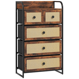 Cómoda para Dormitorio Cajonera de Tela con 5 Cajones Plegables con Frentes de Ratán y Marco de Acero Cajonera para Dormitorio Salón Marrón Rústico