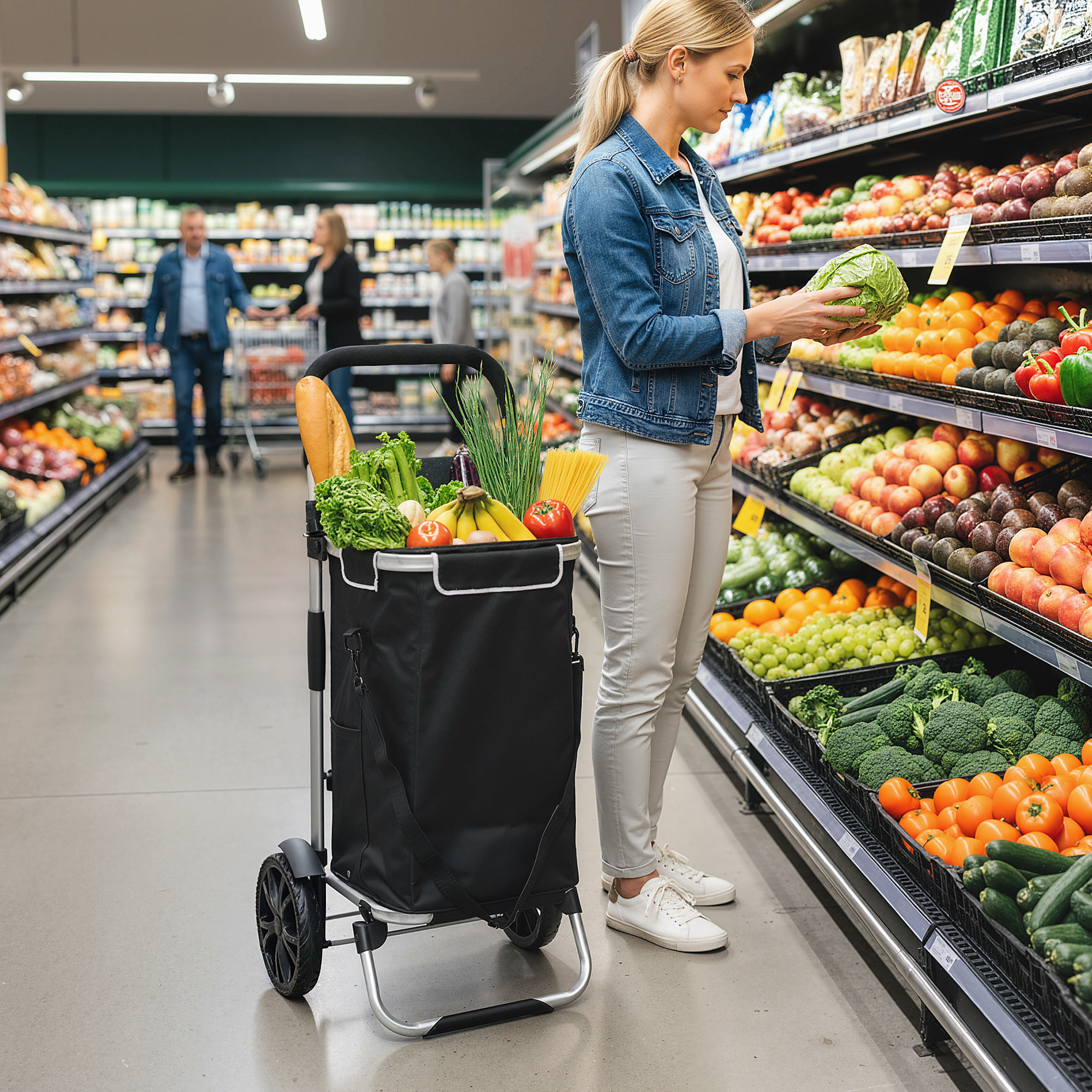 Chariot de courses pliable 3 en 1 sac à bandoulière 40L chariot transport poignée réglable compartiment isotherme alu noir