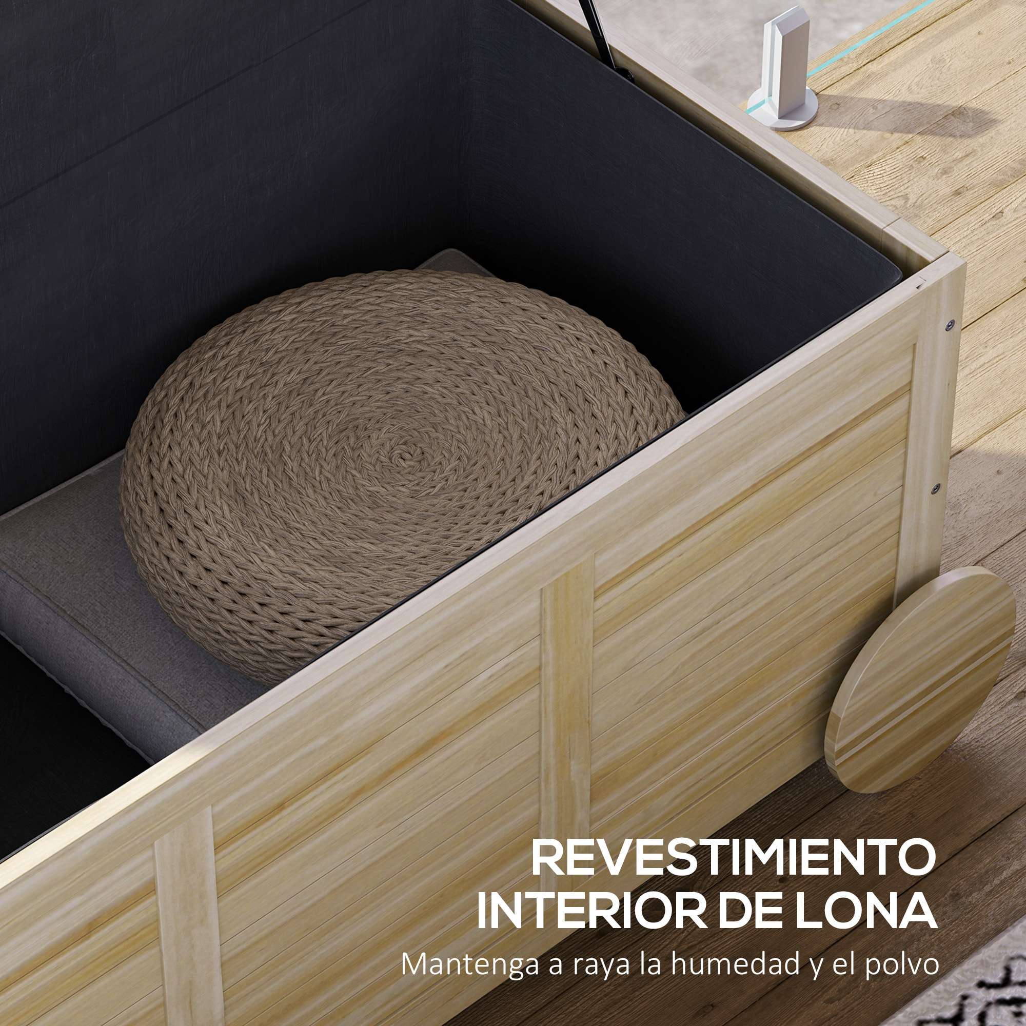 Baúl de Almacenaje Exterior 185L Arcón de Jardín de Madera Impermeable con Tapa Abrible 2 Ruedas Cuerdas de Lino Bisagras Metálicas y Forro Interno 110x50x50 cm Natural
