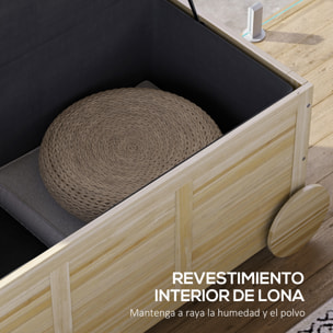 Baúl de Almacenaje Exterior 185L Arcón de Jardín de Madera Impermeable con Tapa Abrible 2 Ruedas Cuerdas de Lino Bisagras Metálicas y Forro Interno 110x50x50 cm Natural