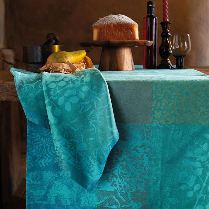 Serviette pur coton motif jacquard vert Mille rameaux emeraude