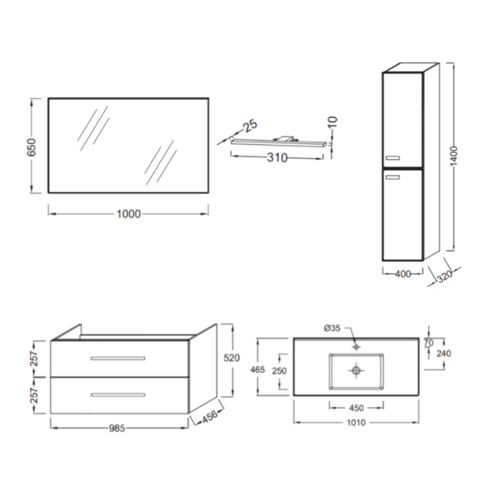 Pack meuble vasque 100 cm Ola up blanc + colonne + miroir + spot