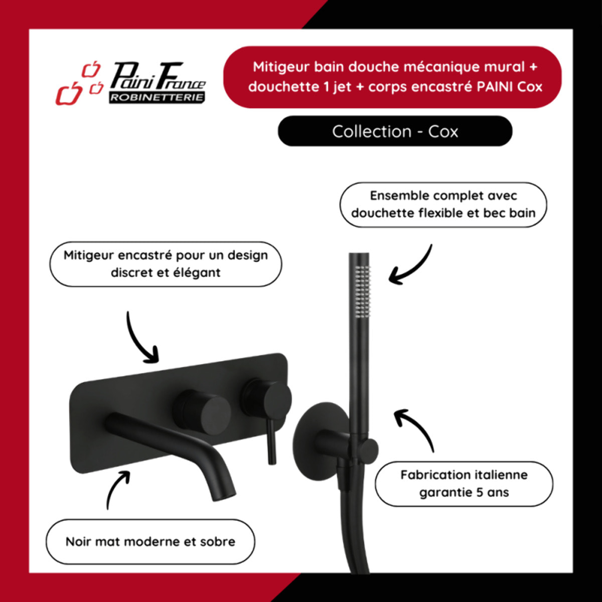 Mitigeur bain douche mécanique mural + douchette 1 jet + corps encastré PAINI Cox noir mat
