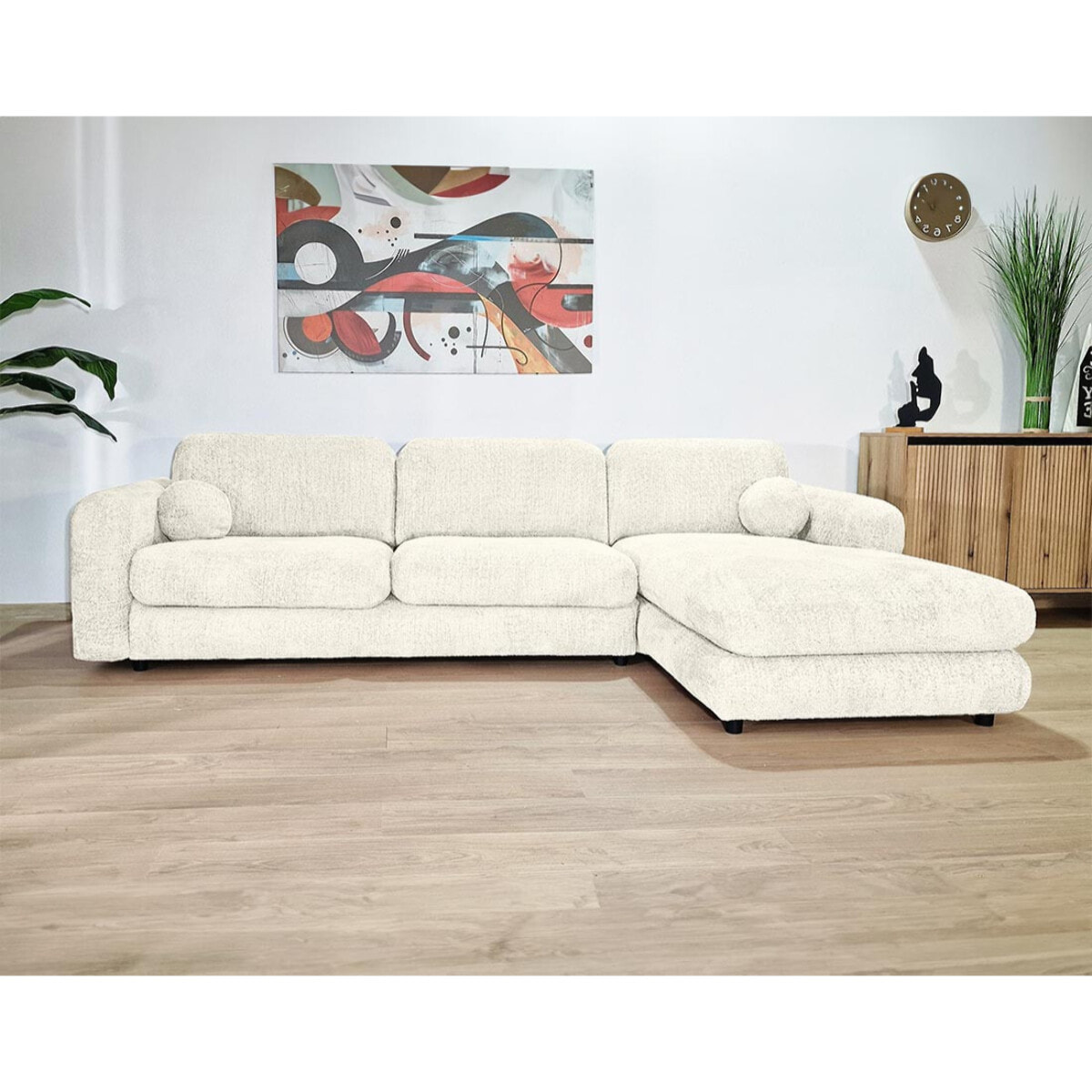 Rachel - Canapé d'angle droit 4 places en tissu bouclette - Beige