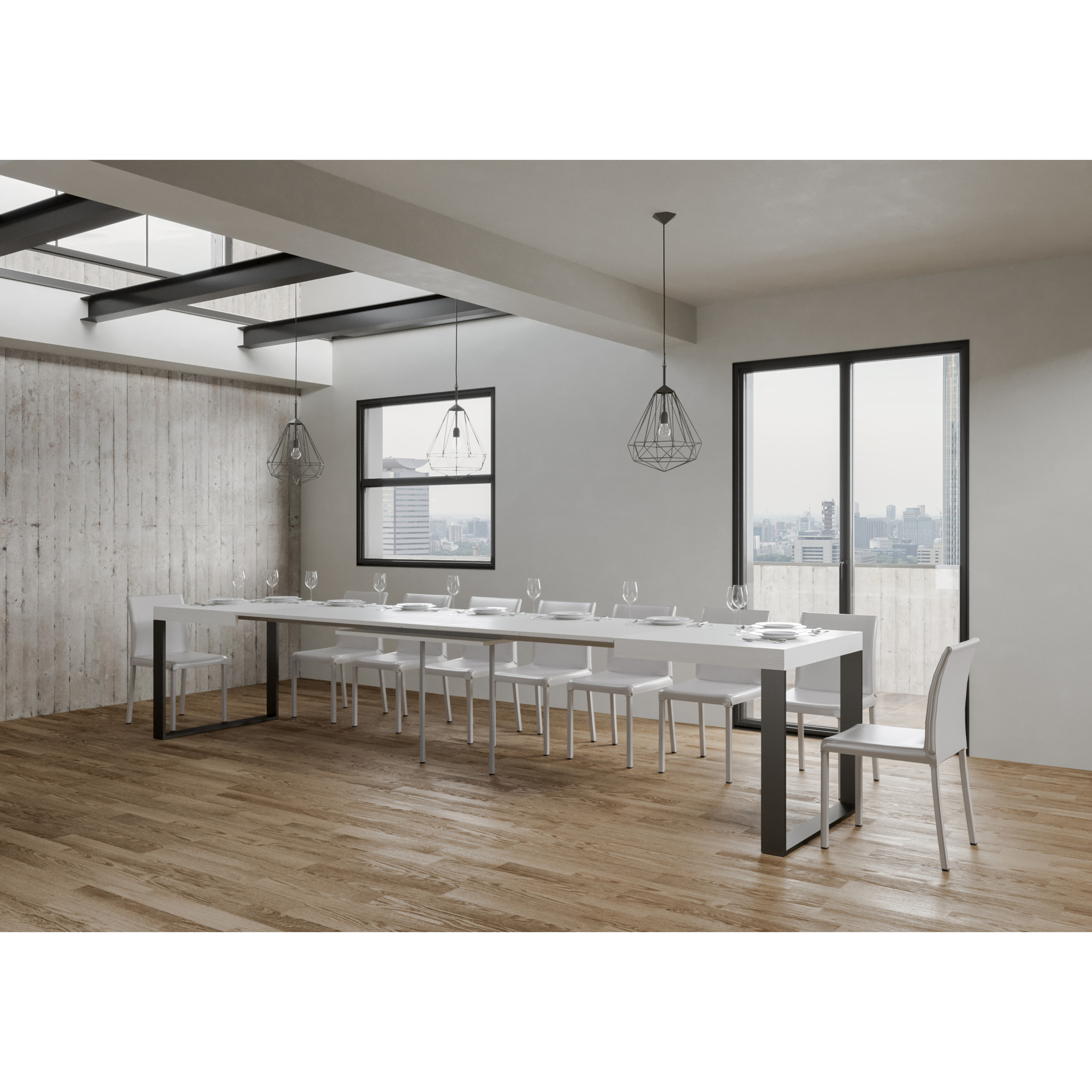 Mesa extensible 90x130/390 cm Tecno Fresno Blanco estructura Antracita