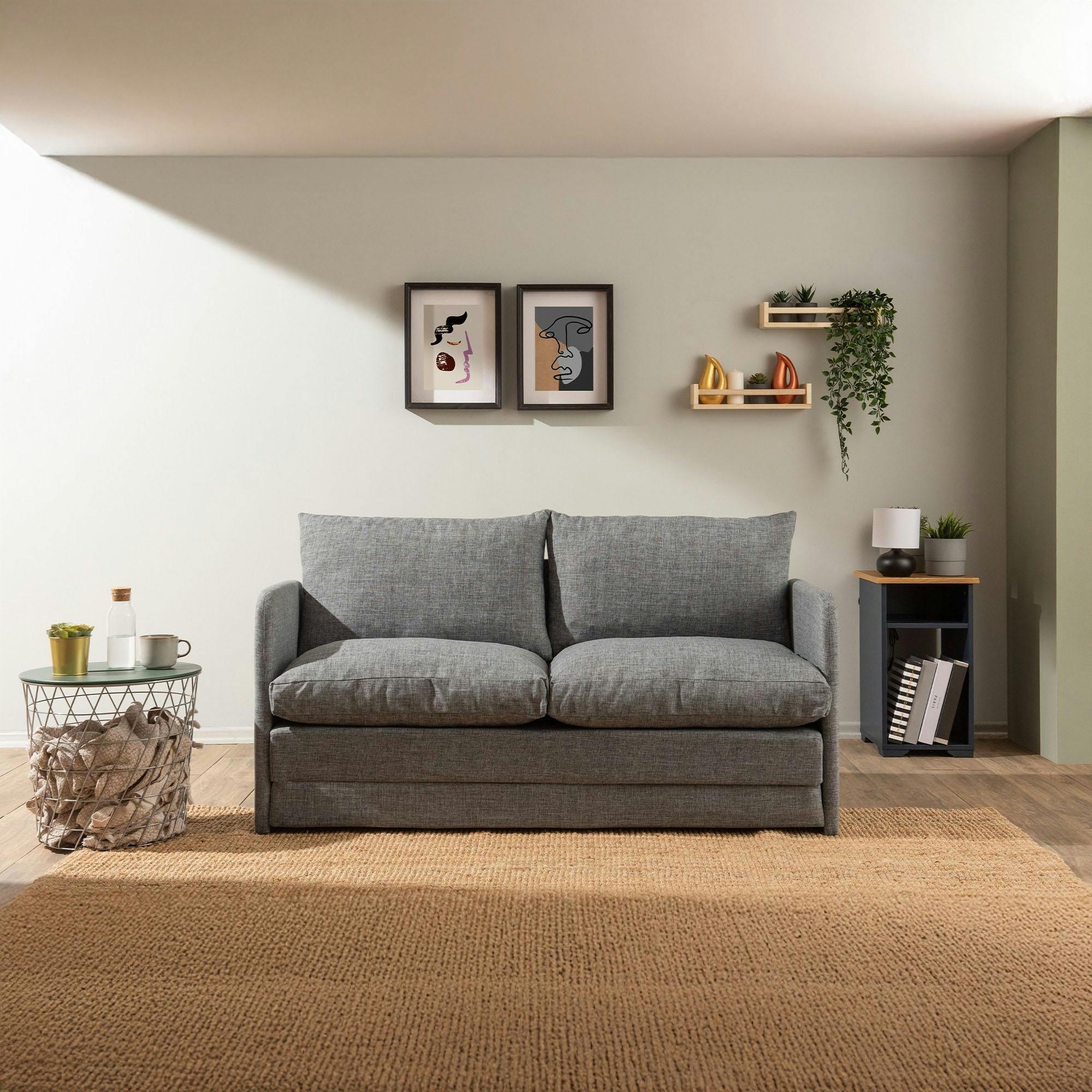 Canapé-lit en lin gris chiné, 2 personnes 140 cm ORURO