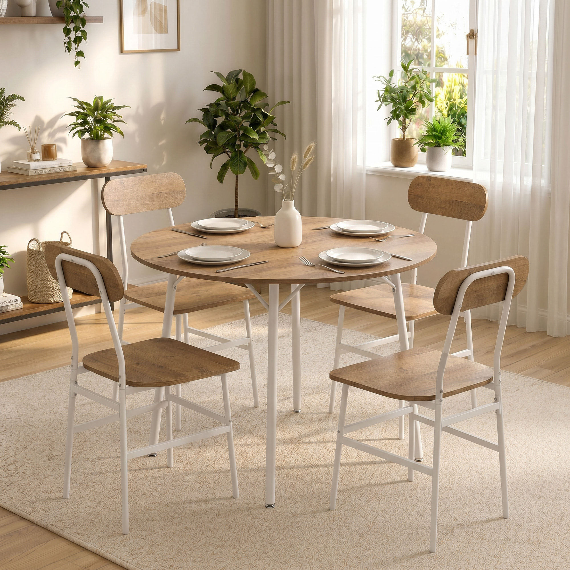 Ensemble table à manger ronde 4 chaises dia. 1 m métal blanc effet bois naturel