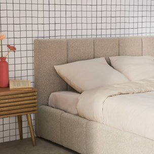 Lit coffre double avec sommier à lattes et tête de lit beige finition bouclette texturée 140x190cm- Lex