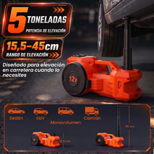 HOMCOM Kit de Gato Hidráulico Eléctrico de 5T 12V, Elevador de Coche Automático 155-450 mm, Gato Elevador con Bomba Aire, Llave Hexagonal, Martillo de Seguridad y Maletín Reflectante para SUV y Sedán
