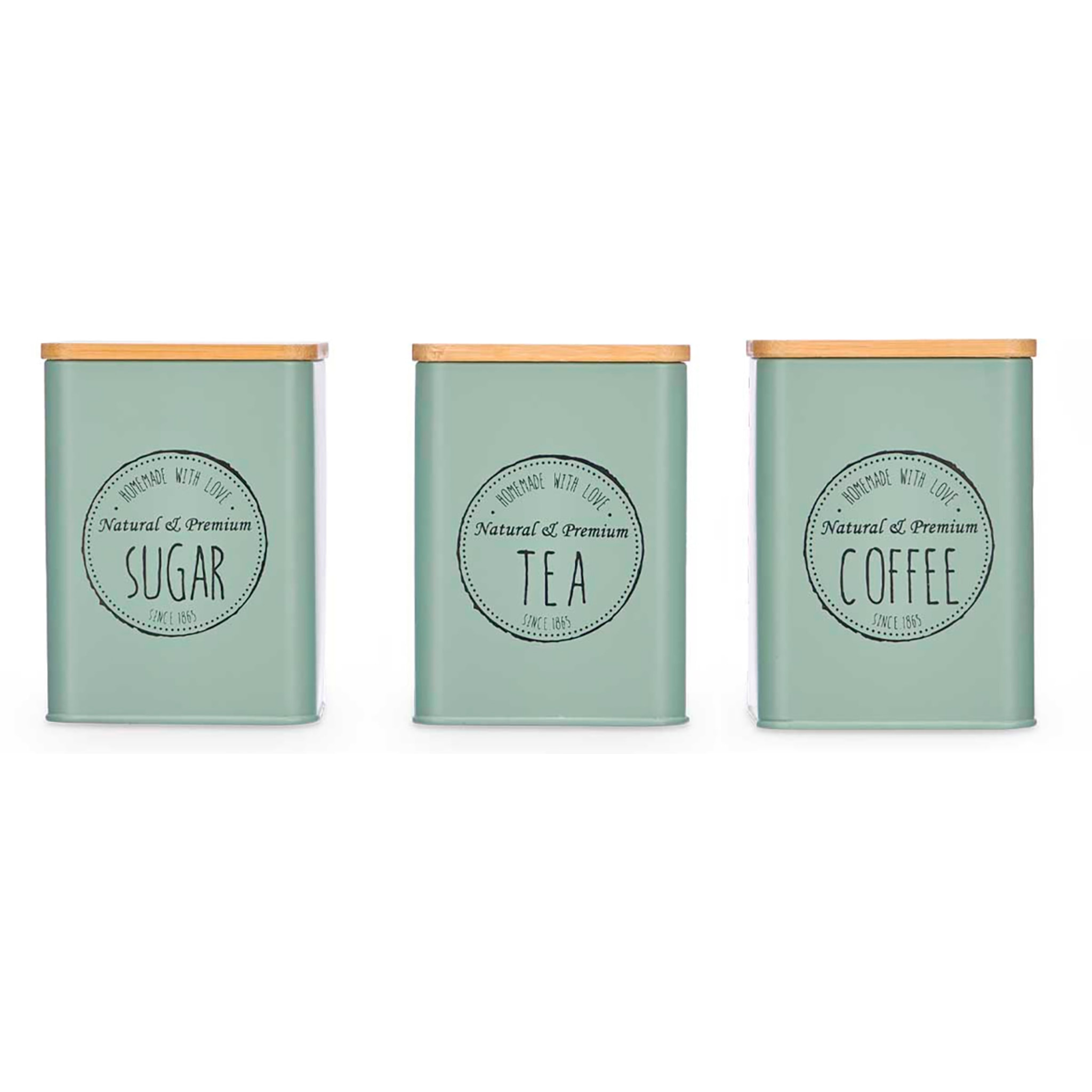 Pack 3 tarros con tapa de bambu color verde menta surtido de 3 diseños "Coffee, Sugar y Tea".