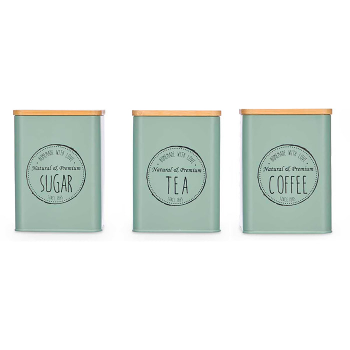 Pack 3 tarros con tapa de bambu color verde menta surtido de 3 diseños "Coffee, Sugar y Tea".