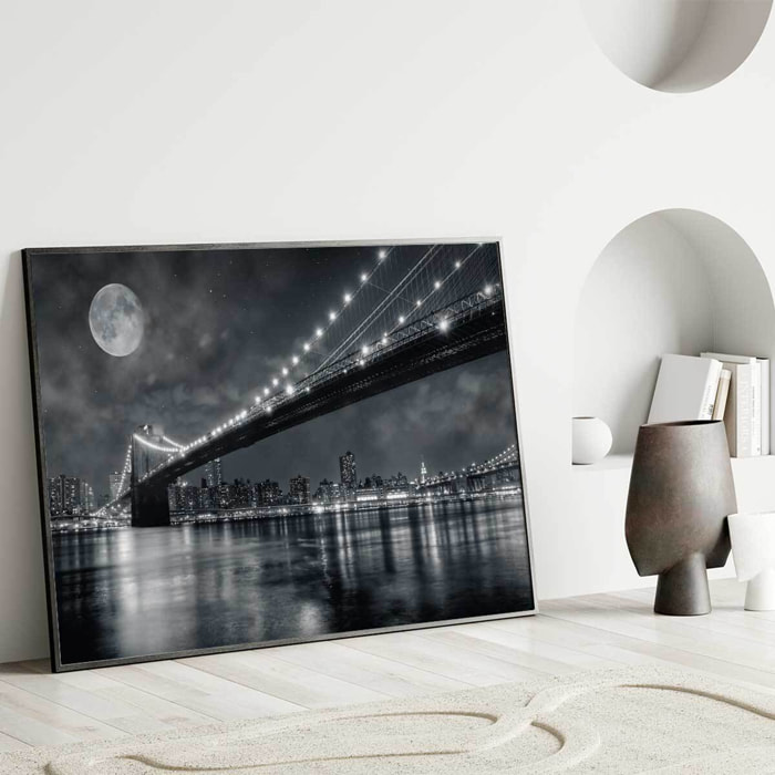 Affiche encadrée pont de New York nuit Affiche + cadre en métal - Noir