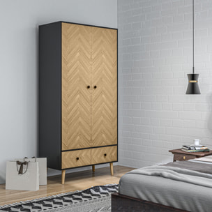 Armoire 2 portes 2 tiroirs design - 2 barres penderie, 2 niches - façades motif chevrons- gris foncé aspect bois clair