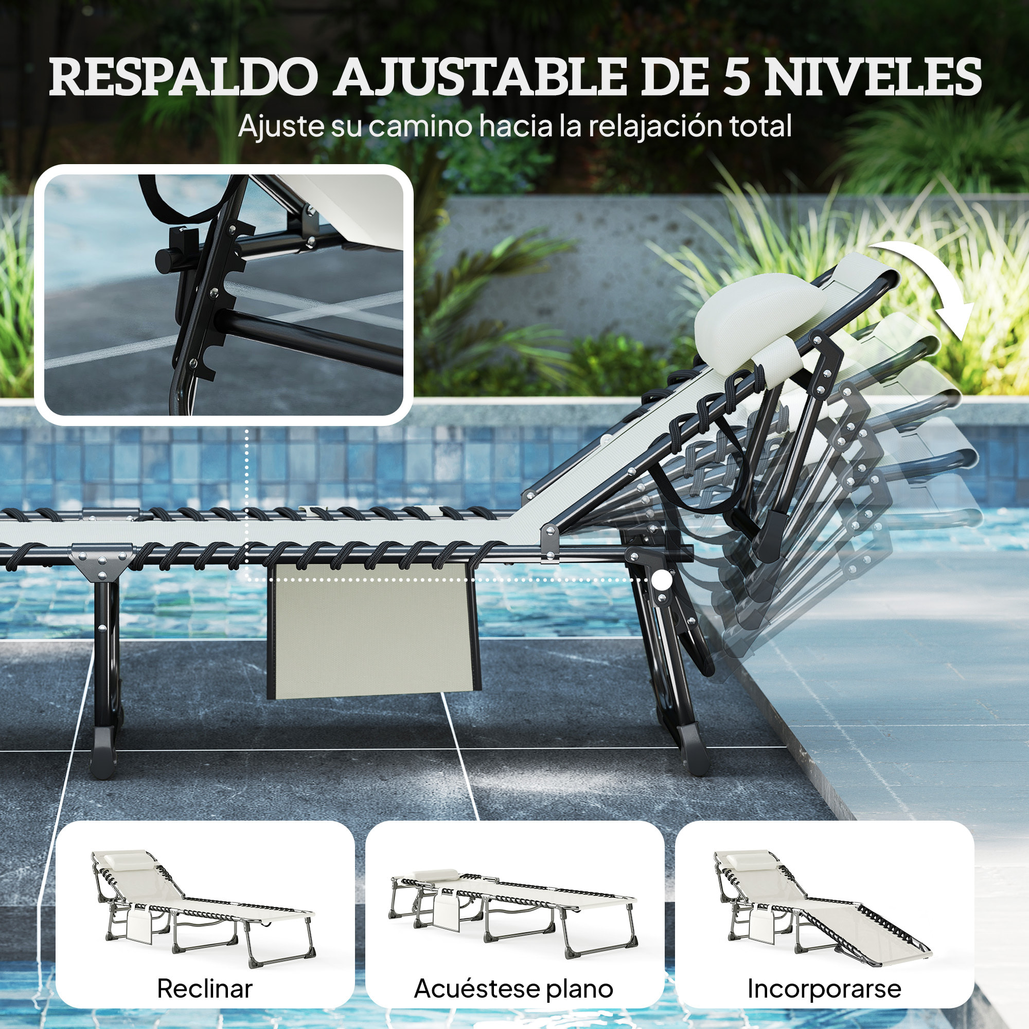 Set de 2 Tumbonas Jardín Exterior, Tumbonas Plegables con Reposacabezas y Bolsillo Lateral, Respaldo Reclinable 5 Posiciones y Asiento de Malla Transpirable para Playa, Piscina, Blanco Crema