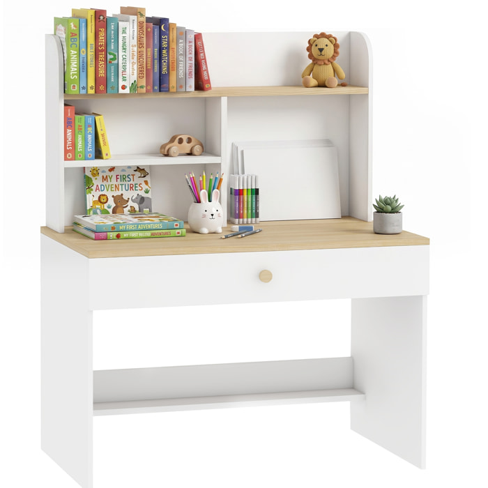 AIYAPLAY Escritorio Infantil, Mesa de Escritorio para Niños con Estante, 3 Compartimentos Abiertos y Cajón, para Estudio, Entrada, Dormitorio, para Niños de 3-8 Años, 80x50x100 cm, Blanco