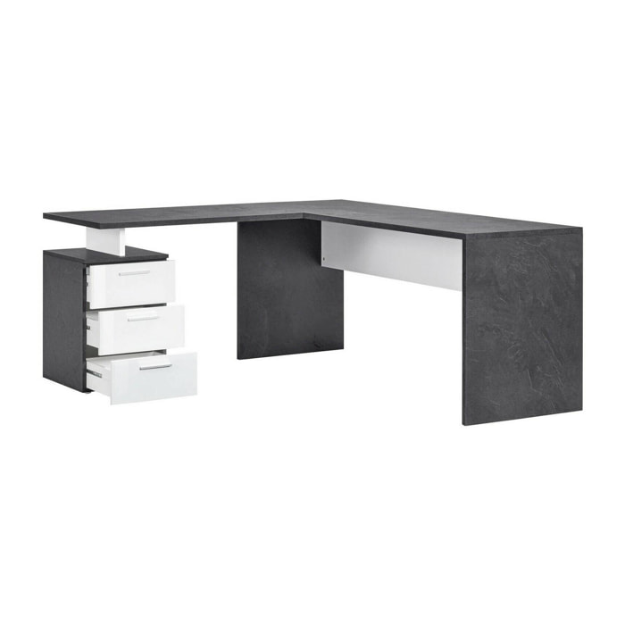 Scrivania Ascuby, Scrittoio angolare porta PC, Tavolo multiuso per ufficio, Scrivania salvaspazio multiposizione, 100% Made in Italy, cm 180x60h75, Ardesia e Bianco lucido