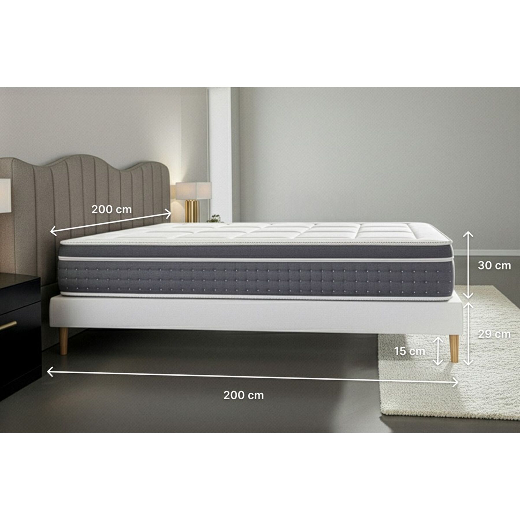 Ensemble Matelas Trente - 30cm - Ressorts ensachés et mémoire de forme - Confort d'exception - Sommier Tapissier Gris