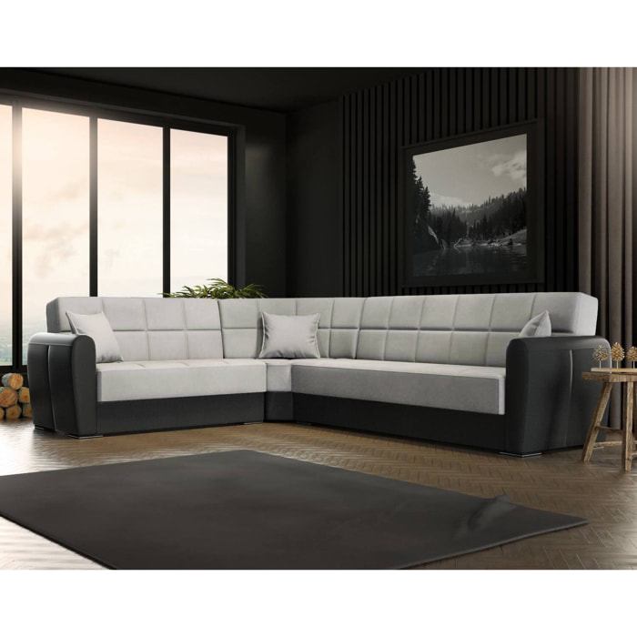 Divano letto Matias, Divano letto contenitore ad angolo in ecopelle e tessuto, Sofà da soggiorno con apertura click-clack e penisola reversibile, 305x238h91 cm, Nero e Grigio Chiaro