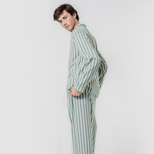Pijama largo camisero algodón raya schon verde azulado