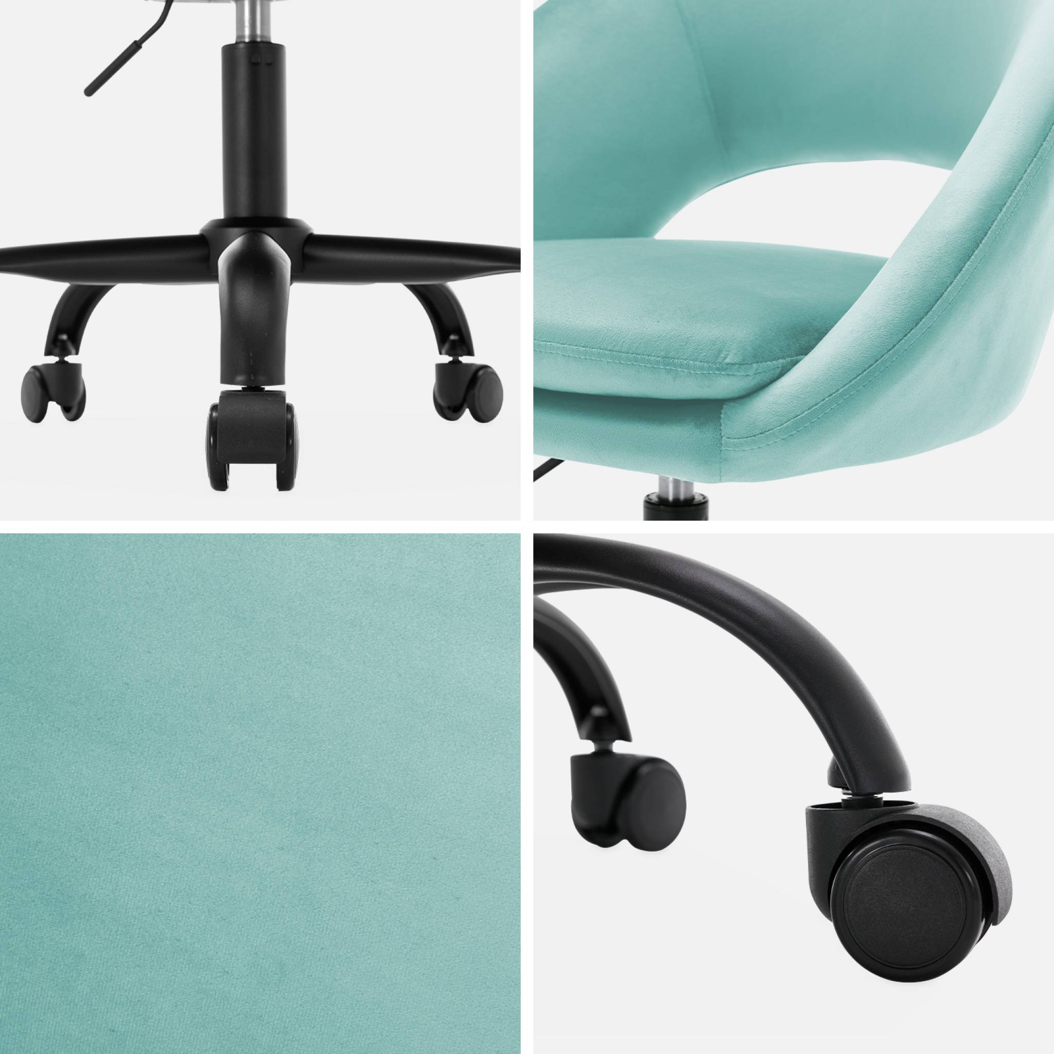Chaise de bureau ronde à roulettes en velours cyan. Pam. L 59 x P 60 x H 79 / 89cm.
