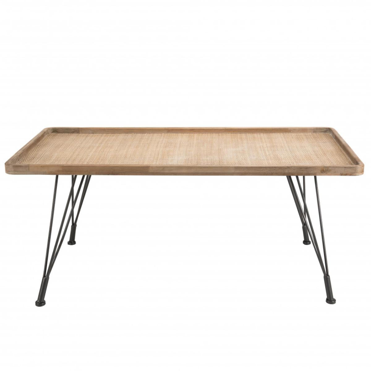DORIANE - Table basse rectangulaire plateau cannage naturel pieds métal noir