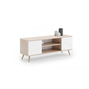 Mobile porta tv con 2 ante e 1 ripiano centrale, Credenza con piedini, Buffet da soggiorno in stile scandi, cm 155x40h50, colore Bianco e Rovere