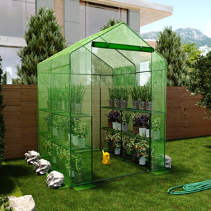 Serra Da Giardino Con 8 Scaffali Ripiani Per Piante Orto Telaio Acciaio Verniciato Telo PE Verde Porta Avvolgibile Apertura A Cerniera 143x138x190 Cm