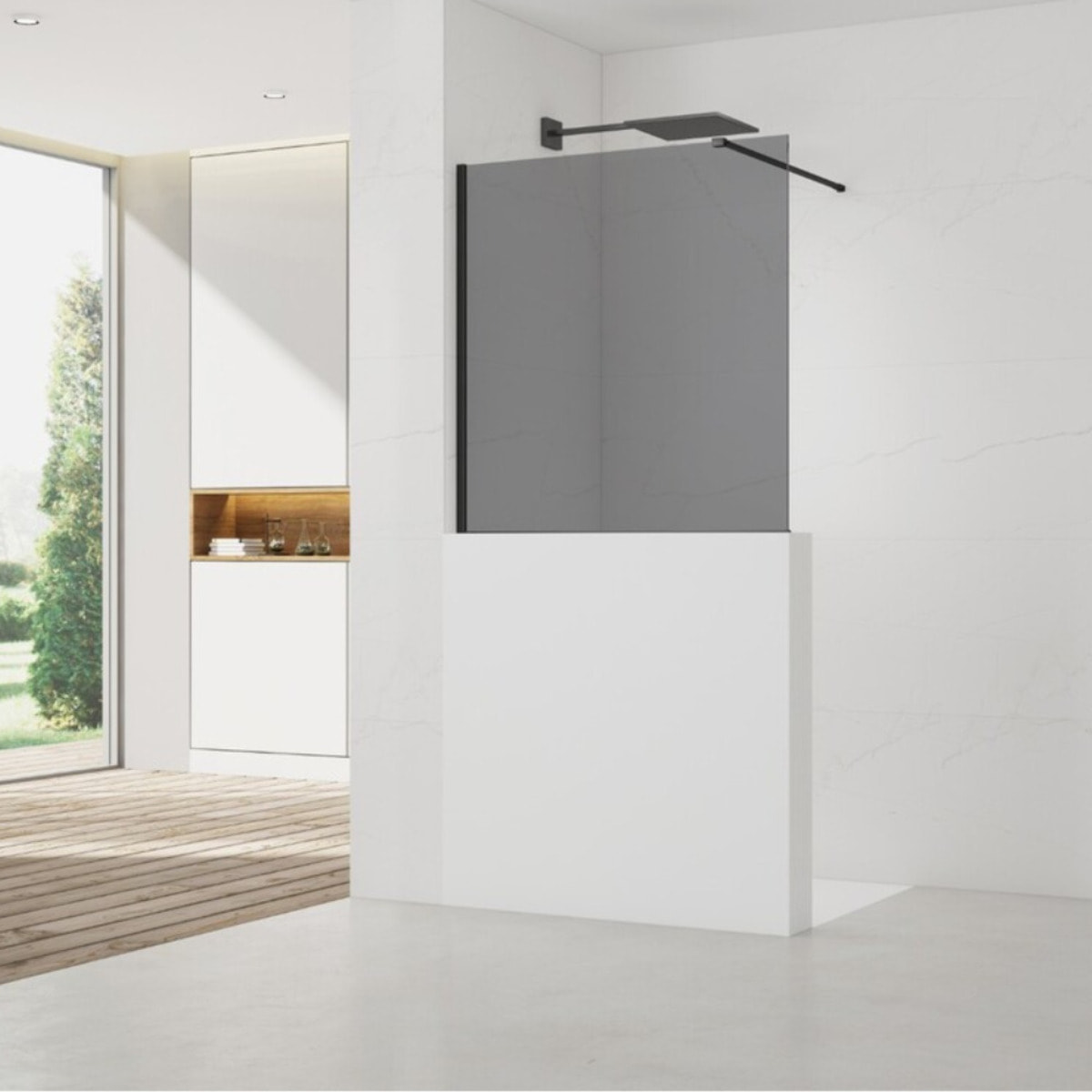 Pare-muret 100x90cm Paroi en verre Crystal Glass® 8 mm anticalcaire, avec bras et profilés noir mat (SATBWIS90KSPRC)
