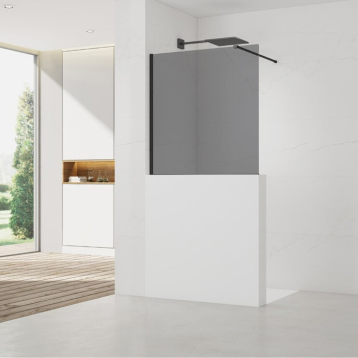 Pare-muret 100x90cm Paroi en verre Crystal Glass® 8 mm anticalcaire, avec bras et profilés noir mat (SATBWIS90KSPRC)
