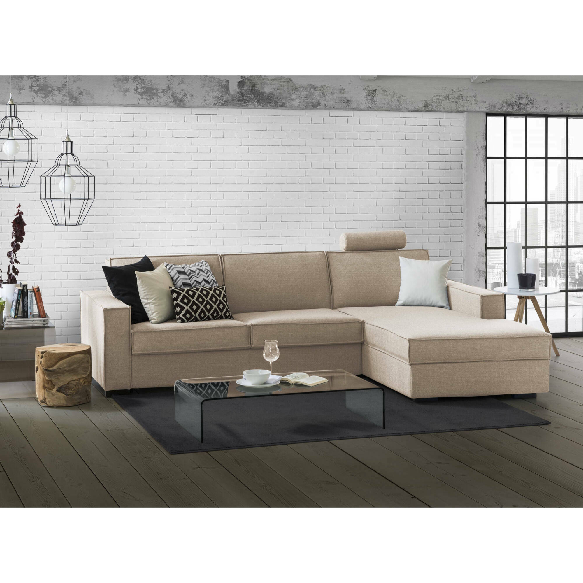 Divano letto con penisola Achico, Sofà apertura girevole, Penisola contenitore Destra, Braccioli standard, 100% Made in Italy, Cm 280x95h90, Beige