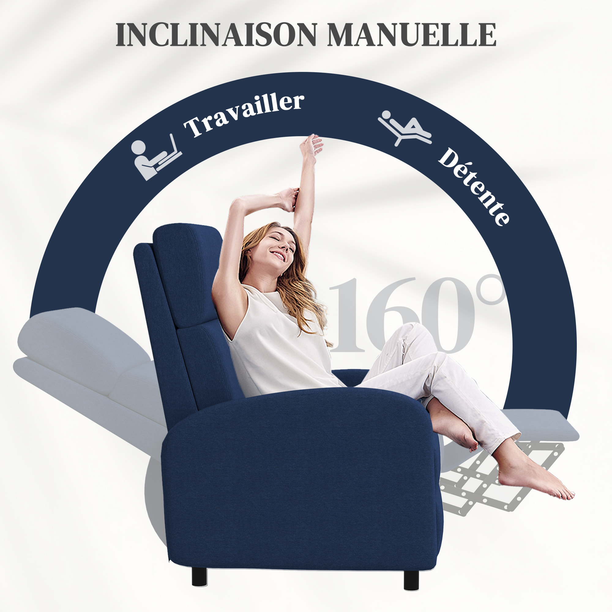 Fauteuil de relaxation inclinable réglable repose-pied tissu bleu