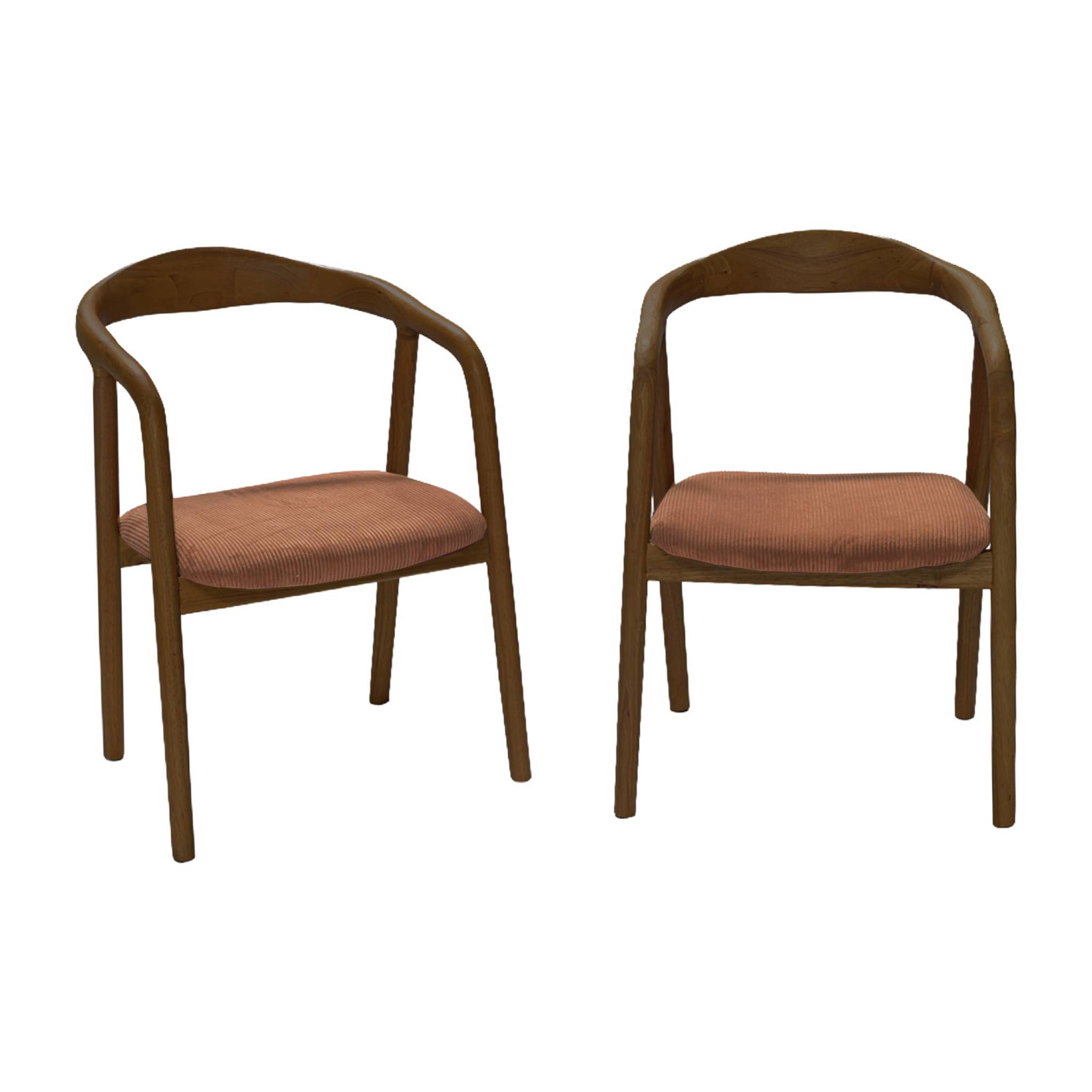 Fauteuil vintage bois d'hévéa teinté noyer et velours côtelé (lot de 2) SARA