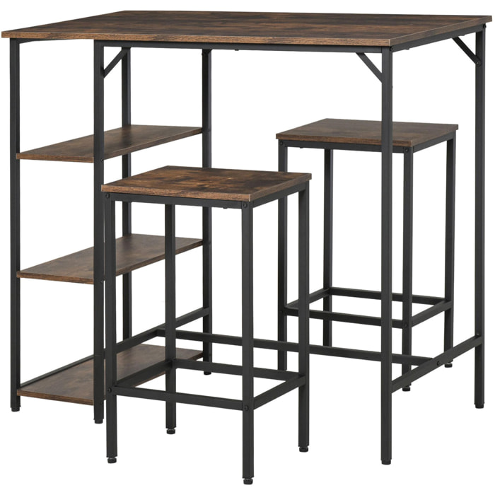 Ensemble table de bar 3 étagères 2 tabourets style industriel métal noir aspect vieux bois veinage