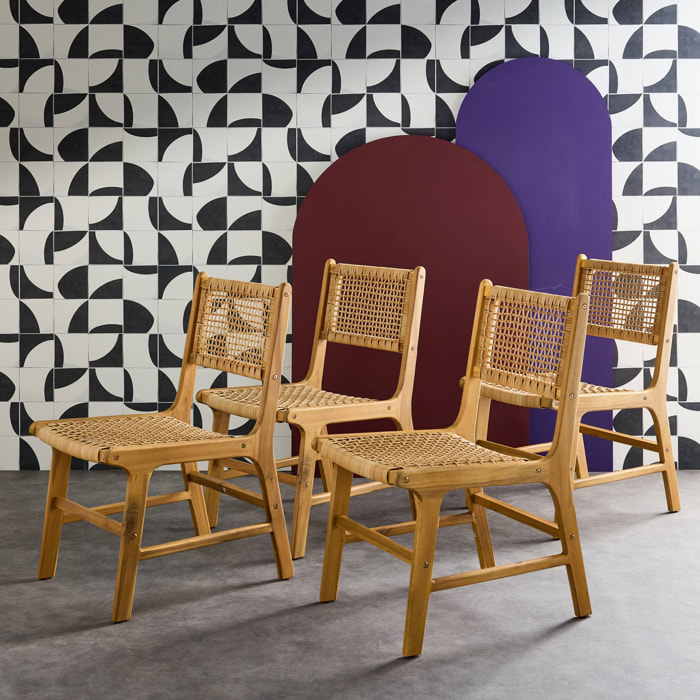 Lot de 4 chaises de jardin Ocara. cannage et bois. L 61 x 51 x 85cm
