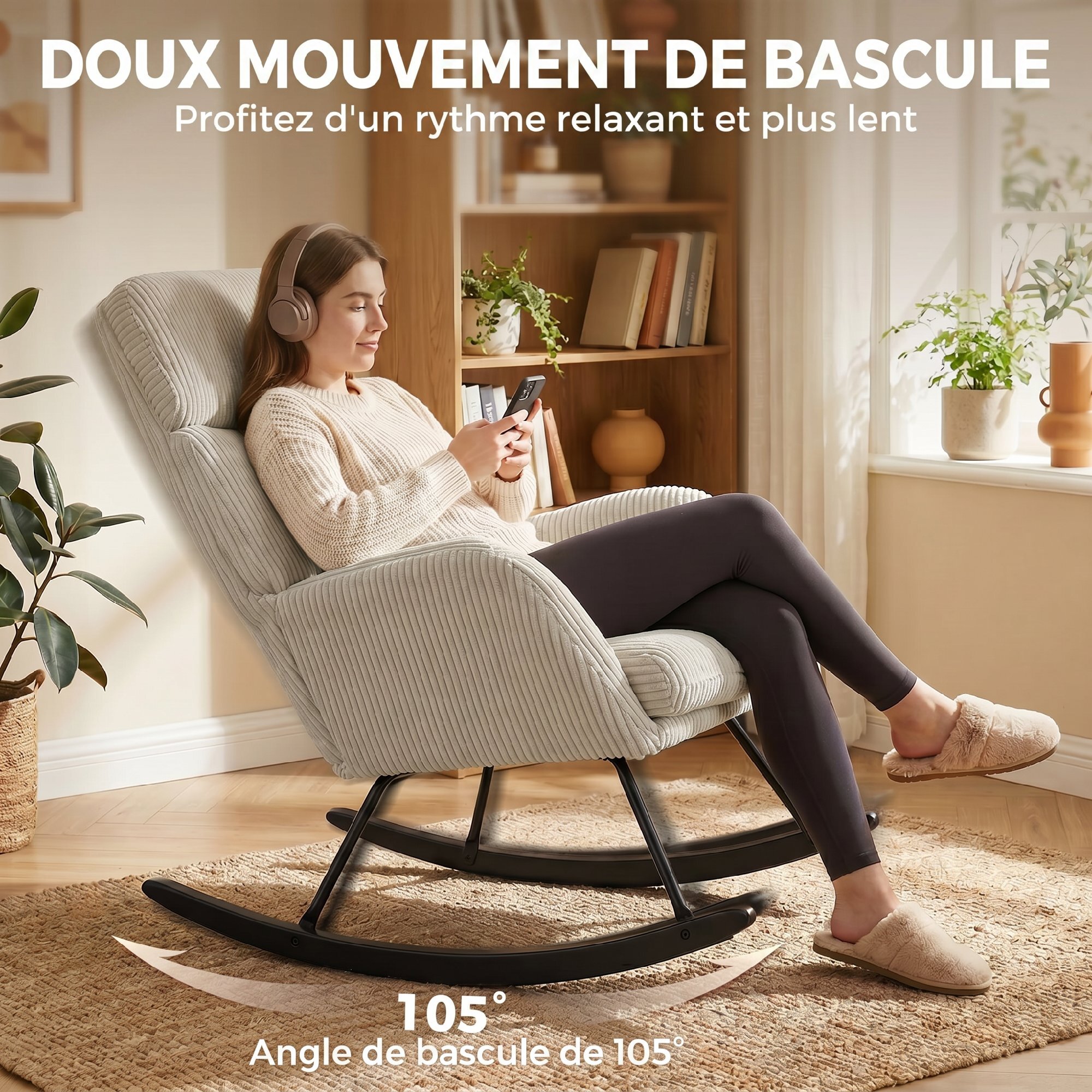 Fauteuil à bascule velours côtelé beige métal bois noir