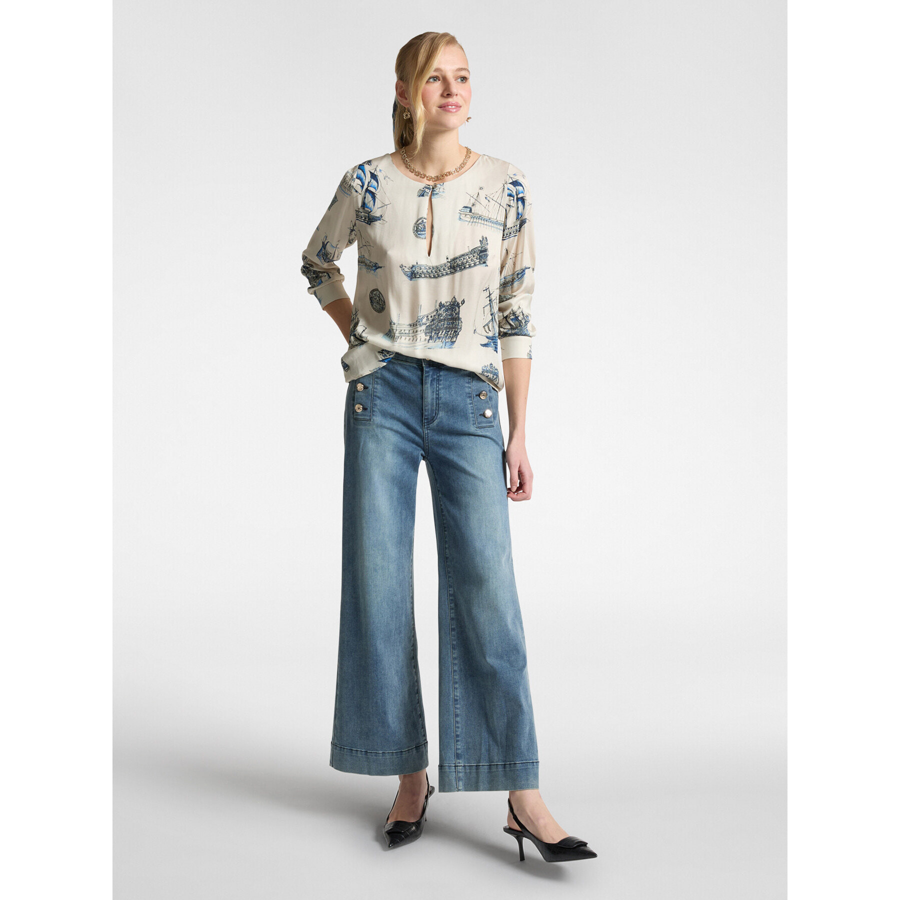 Elena Mirò - Vaqueros cropped marinière con botones - Azul